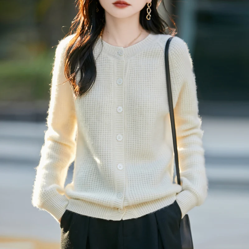 

O-Neck Cardigan 100% Merino Wool Sweater Autumn Winter Soft Pullover Women Long Sleeve Knitwear Elegant Clothing Tops