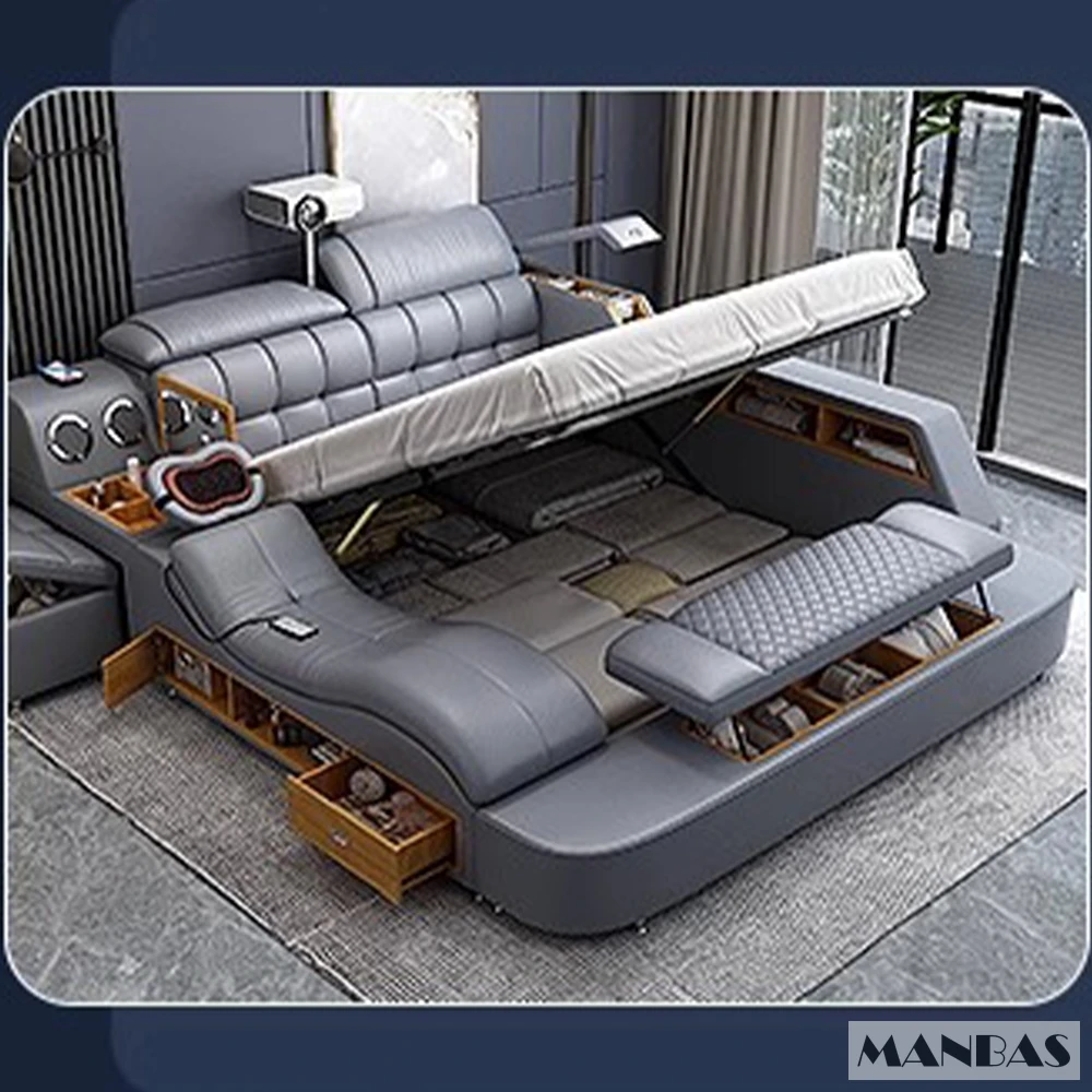 MANBAS All In One Bed / Luxury King Size Genuine Leather Bed Frame / Tech Smart Multifunctional Bed /  Ultimate Upholstered  Lit
