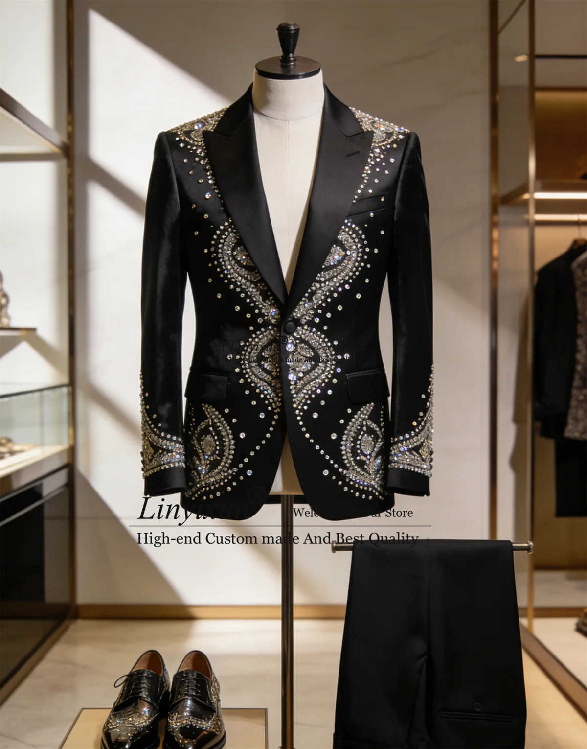 

Glitter Metallic Diamond Tuxedos Men Suits Customized Groom Male Pant Blazers Outfits 2 Piece Sets Wedding Slim Fit Ropa Blazers