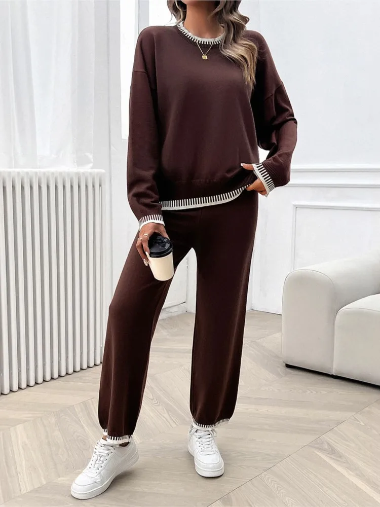 Patchwork Sweater And Straight Pant Set Knitting Top And Long Trouser Casual Teo Piece Set Autumn Winter Loose Homewear Suit