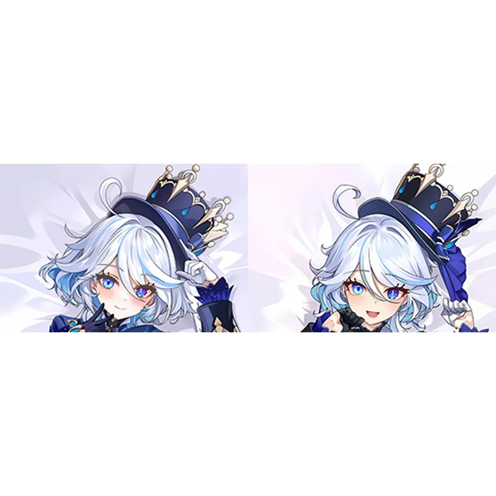 Anime Furina Dakimakura Pillow Cover Blue White Hair Blue Purple Heterochromia Hat Crown Design Double Sided Printing