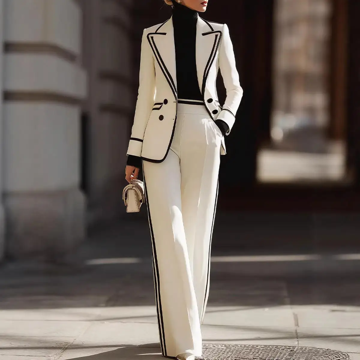 

Faionable Casual Long Sve Collared Double Buttoned Pants Suit 2026 Independent Station Women's Ensemble Long Pants Set