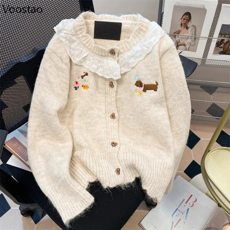 

Japanese Kawaii Lolita Style Knitted Cardigan Women Sweet Cartoon Puppy Embroidery Lace Ruffles Sweaters Cute Knitwear Coat Tops