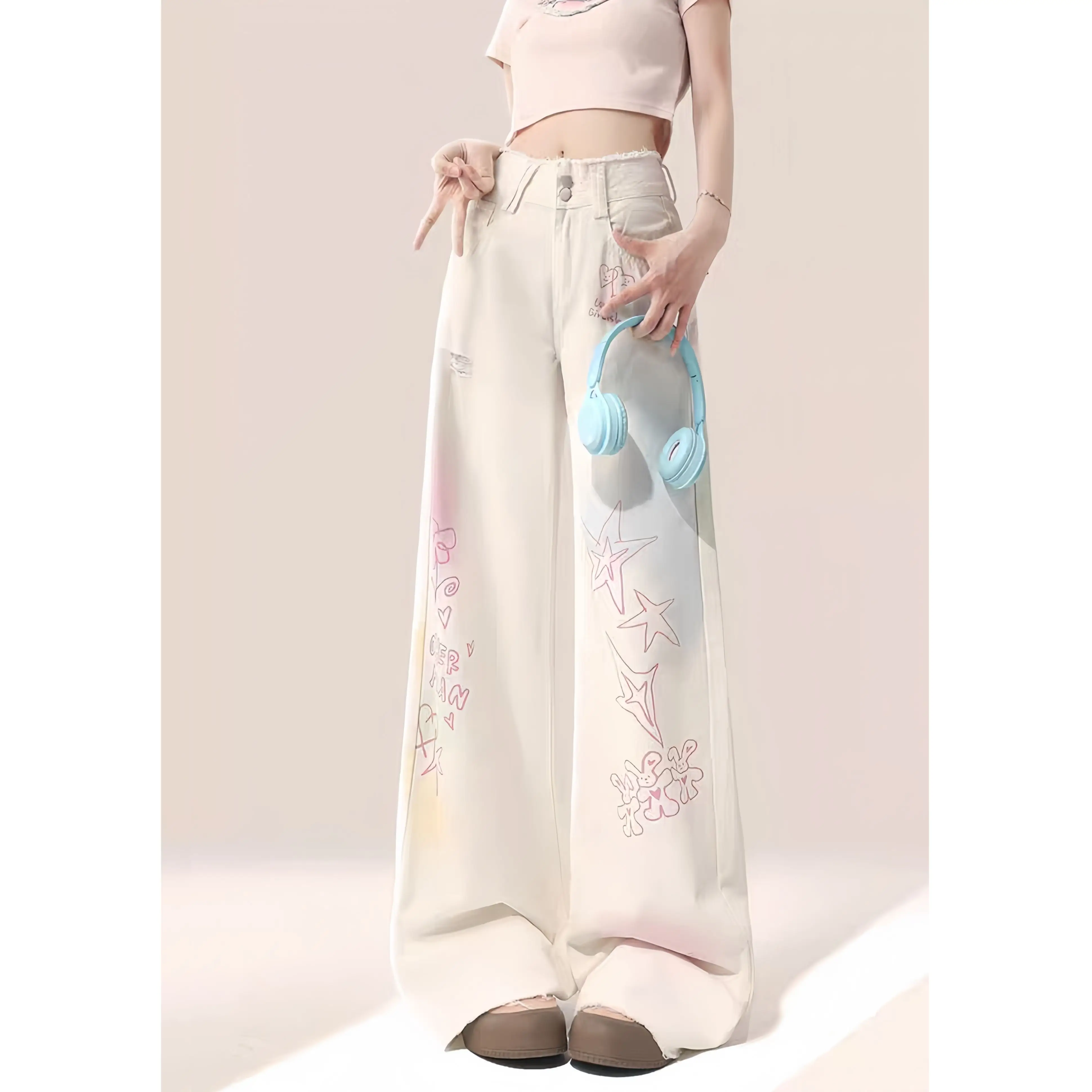 

American high street vibe graffiti design sense straight jeans female summer new white loose thin wide leg trousers