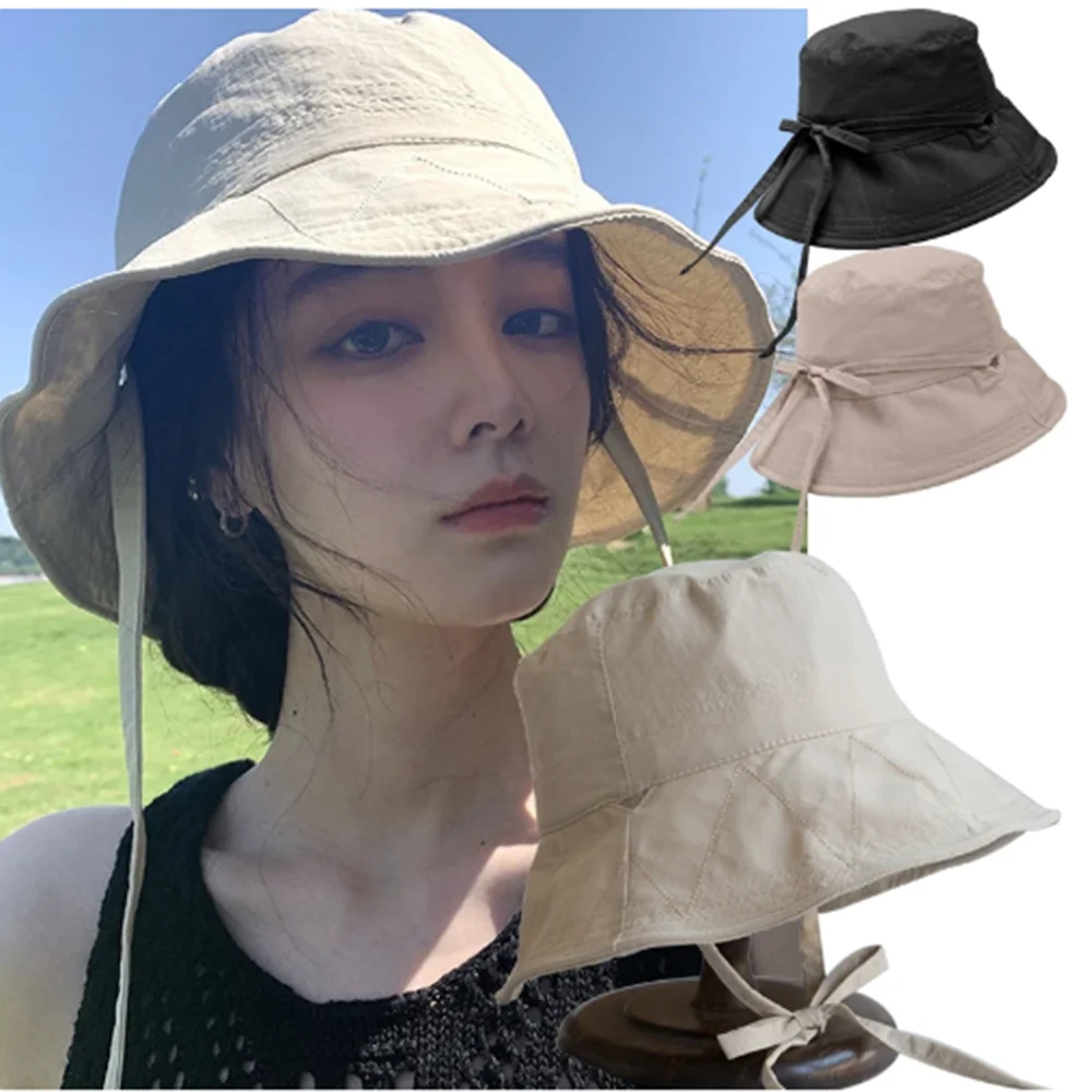 

New Summer Spring Japanese Tie Bucket Hat Women's Korean-style Big Eave Fisherman Foldable UV Cotton Linen Beach Strap Sun Hat