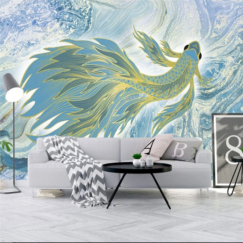 

Customized Modern minimalist abstract line goldfish mural green wallpaper Living room sofa TV background wall bedroom restaurant