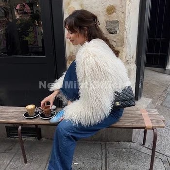 Cropped Faux Mongolia Sheep Fur Coat 3 Neo Mint Chic Street Girls Round Neck Faux Mongolia Sheep Fur Coat Women 2025 Winter Fluffy Warm Fur Jacket Cropped Outerwear 3