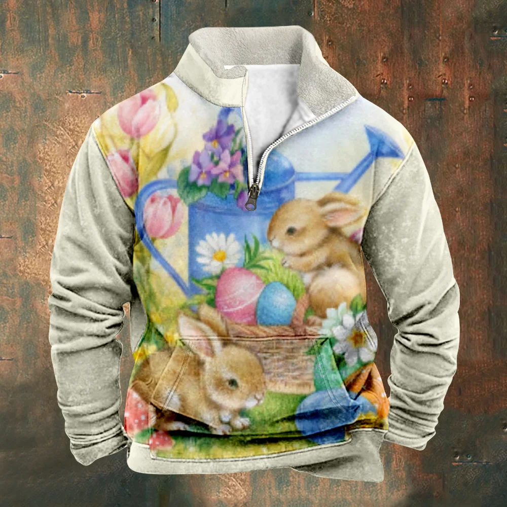 

Patchwork Men's Sweatshirt Vintage Kawaii Rabbit Sweatshirts Long Sleeve Stand Collar Zipper Casual Pullovers