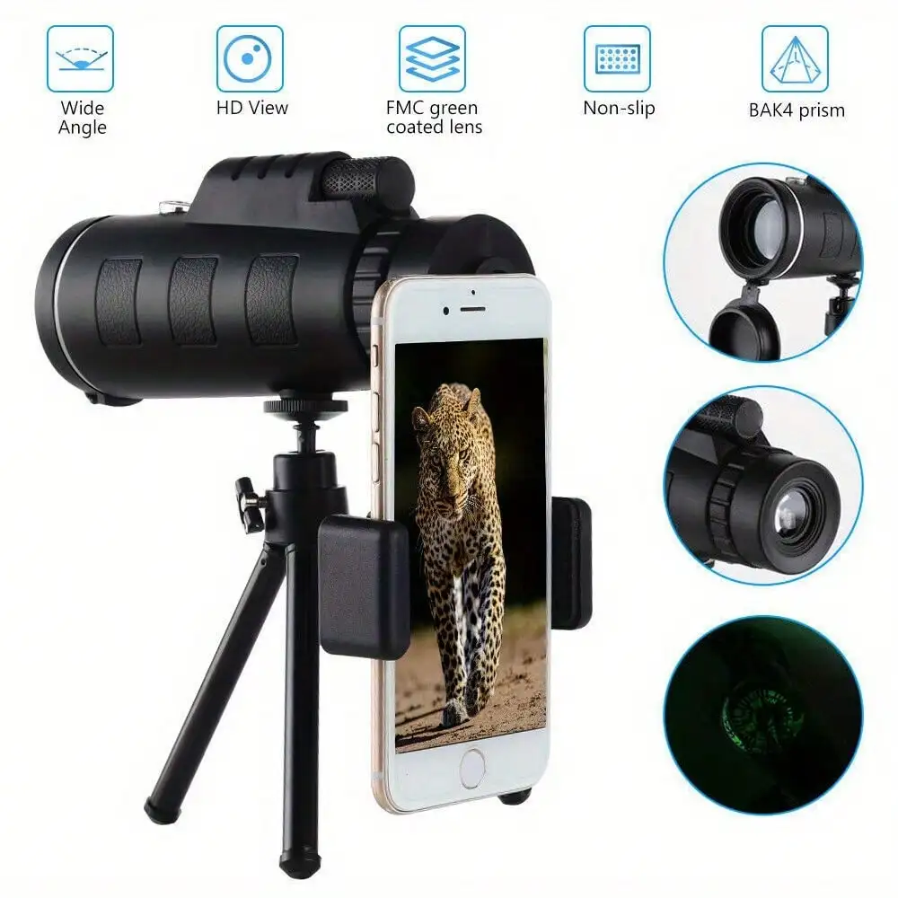HD Monocular Telescope - 10x45 Zoom SuperClear - Rugged & Portable - BAK4 Prism - With Smartphone Tripod For Birding, Camping, Concerts & Travels