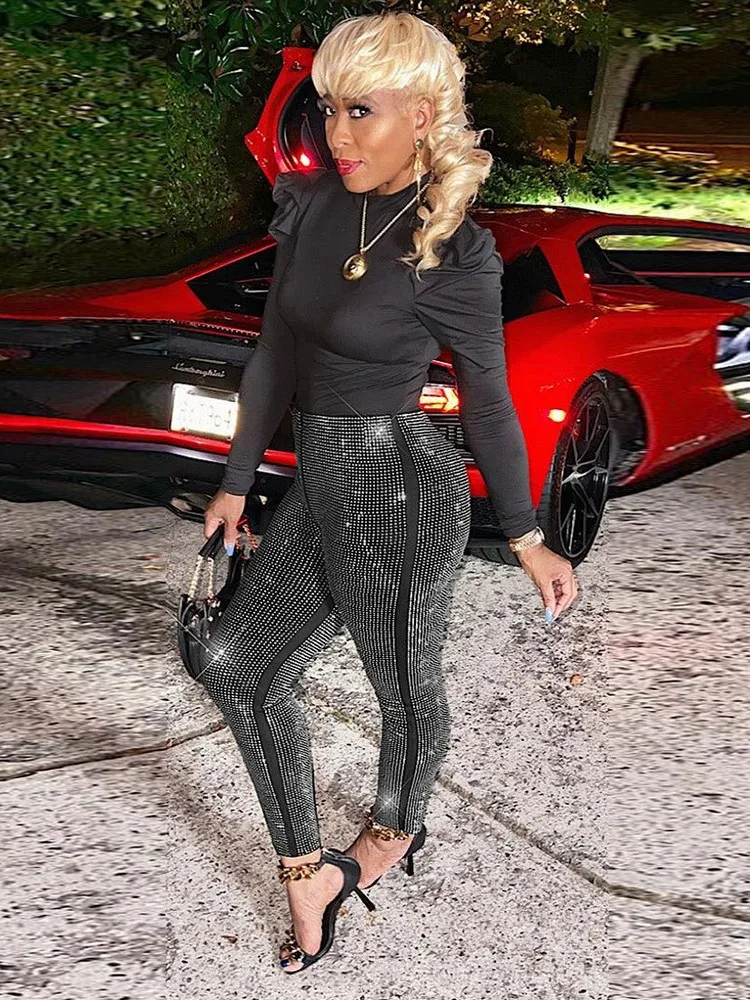 Faion mid Waist Hotfix Diamond Tight Pants Street Sle Casual Long Pants Women's Autumn Collection Regular Thin