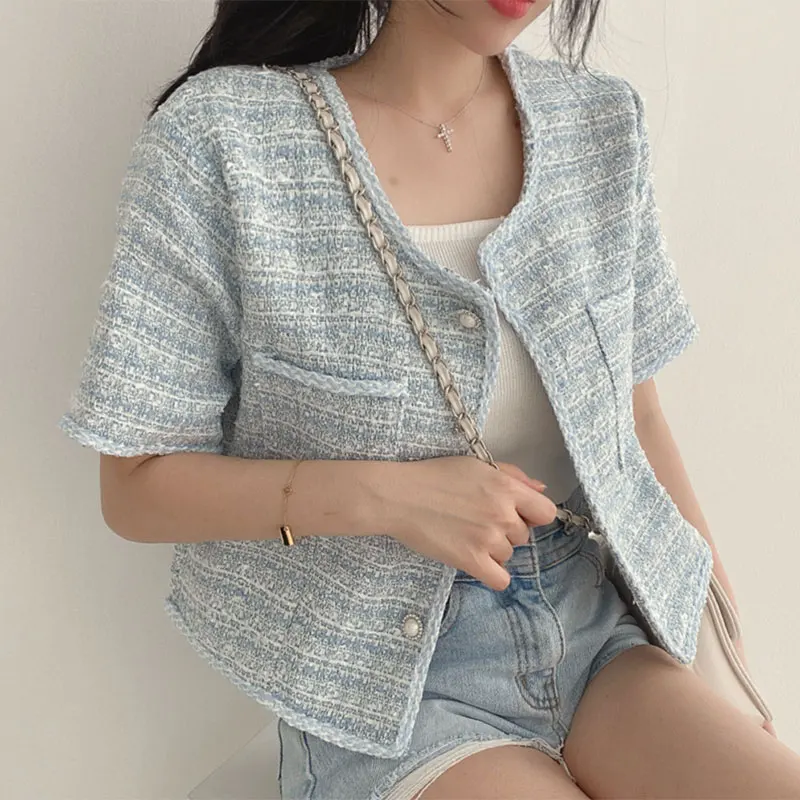 

Шикарный весенний нежный молочно-синий круглый Ne Color Blo Design Plaid ort Sve Верхняя одежда грубого плетения Женская мода