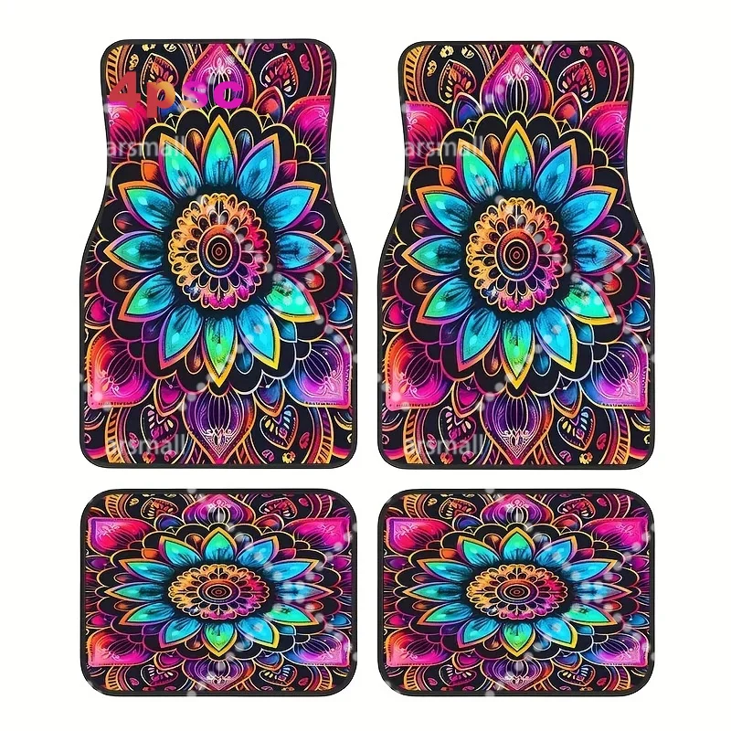 4pcs, Bohemian Ethnic Style Mandala Flower Pattern Car Rubber Mats, Universal Non-Slip Carpets, Easy-To-Clean Car Interior Addit