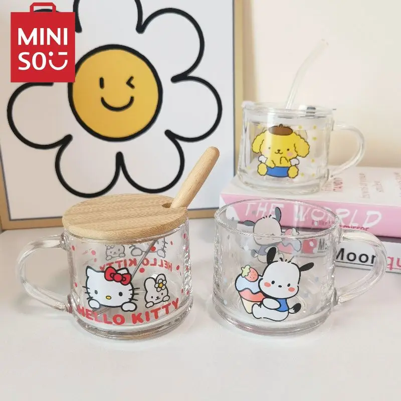 MINISO HelloKitty Pochacco Cartoon glass cup high value milk breakfast dessert cup cute print scale straw cup girl gift