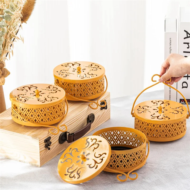 

ABAE-4 Pieces Mosquito Coil Holder Incense Coil Holder Round Retro Portable Metal Hanging Incense Burner With Handle