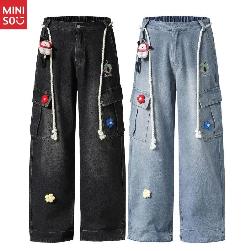 Miniso الأمريكية الرجعية انفصال الرباط الأزهار التطريز مستقيم الساق السراويل للجنسين فضفاض الكلب قلادة واسعة الساق #3