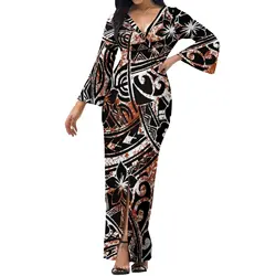 Custom Women's Dress Polynesian Women's Dress Elegant V-neck Flag Evening Dress Summer 2023 New Soft Fabric Dress