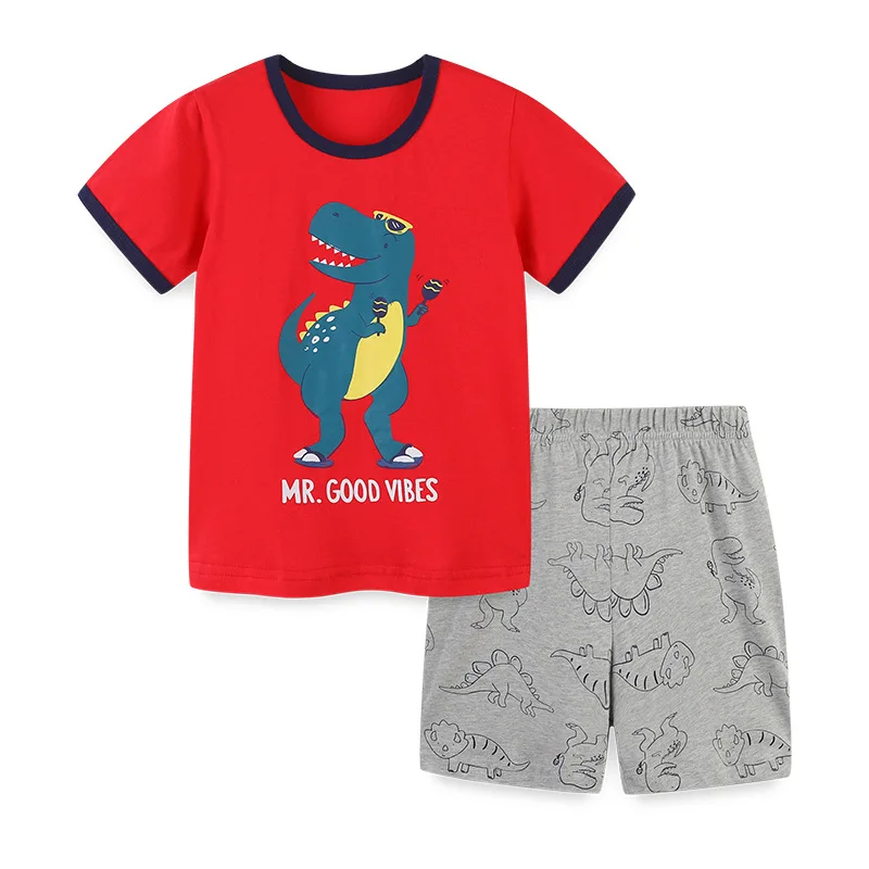 

23Summer New Boys' Suit Style Cartoon Printed Short SleeveTT-shirt Two-Piece Knitted Cotton SupplyAosd