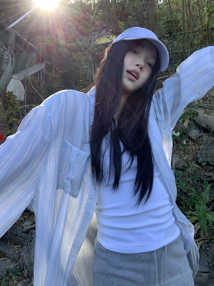 

Синий полосатый свободный длинный женский летний халат 2026 года, новинка, солнцезащитный, модный дизайн, повседневный, для работы, халат