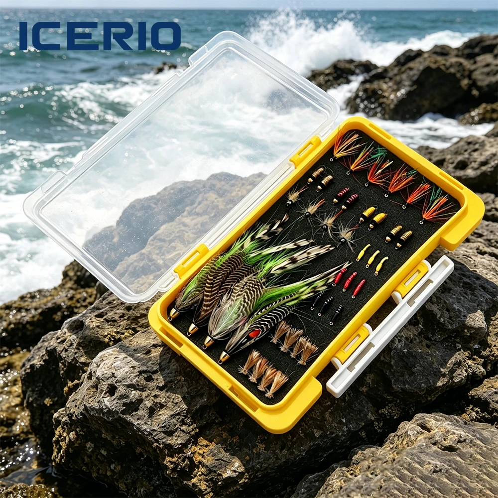ICERIO 39PCS Assorted Fly Fishing Flies Set with Fly Box Dry Wet Nymph Streamer Trout Bass Lure Bait Kit Fly Fishing Tackle
