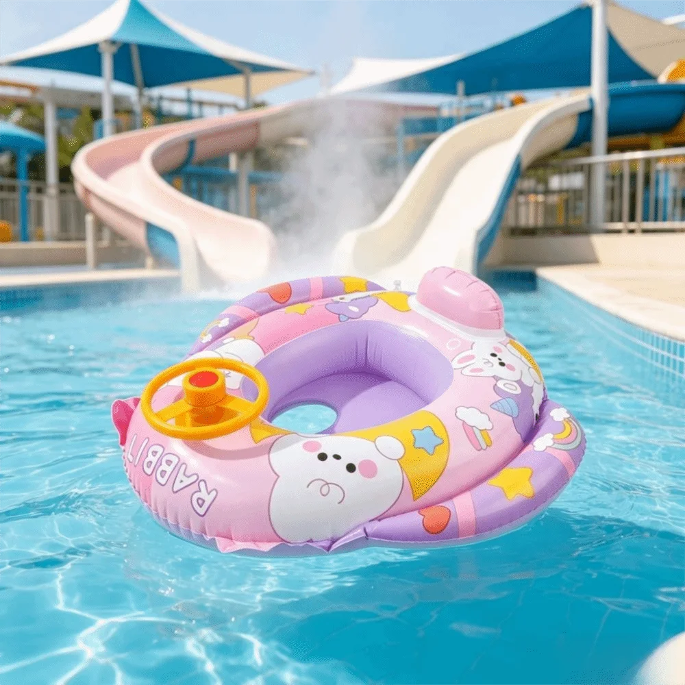 Inflatable Swimming Float with Seat with Steering Wheel Swimming Ring Cartoon Design Floating Seat Baby Pool Float Outdoor Pool