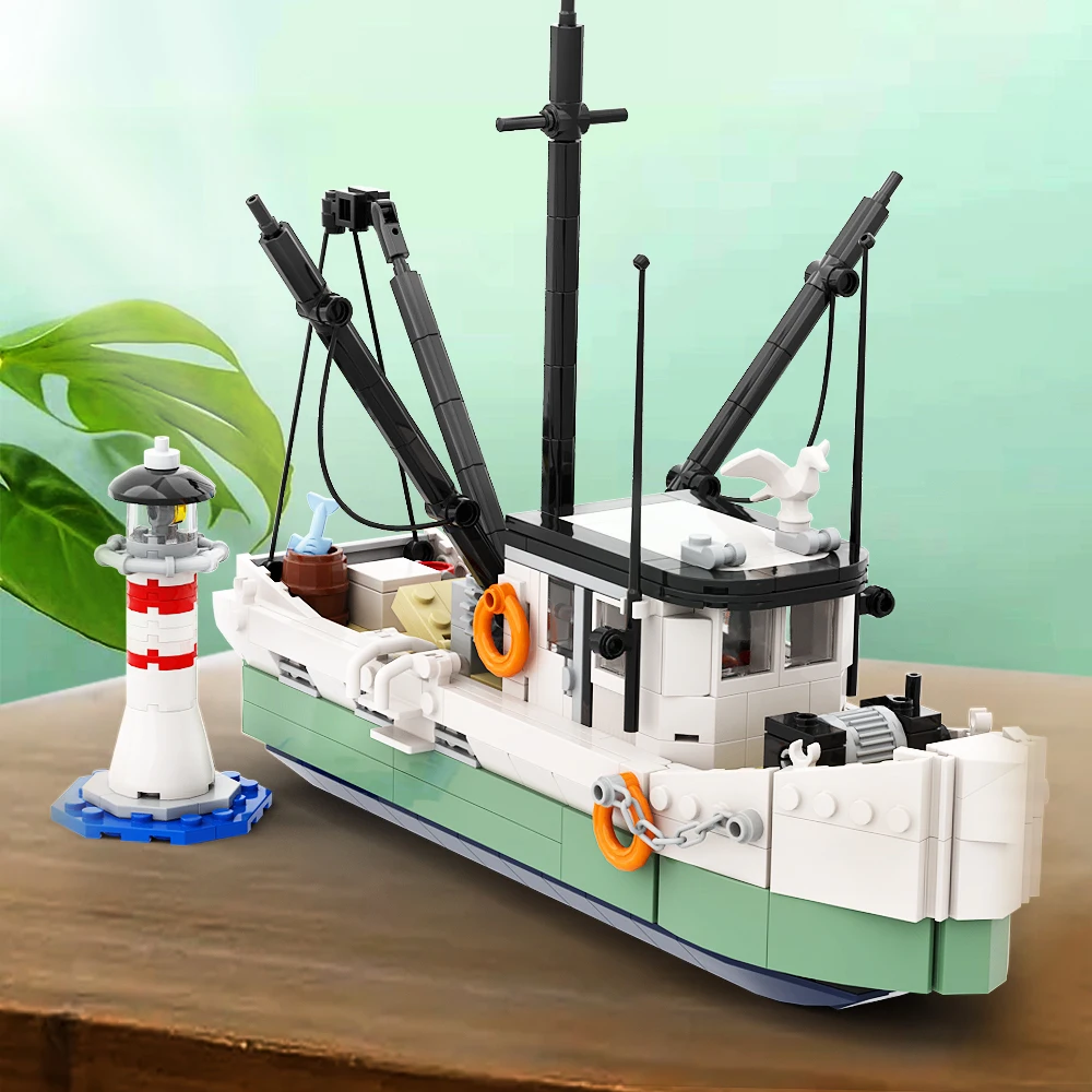 MOC Fishing Boats Building Blocks Fisherman Figures Fishing Trawler Sky Pirates Skeleton Shrimp Sailboat Bricks Educational Toy