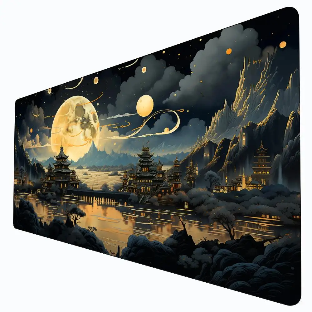 

Ancient architectural scenery and Full moon large Mouse Pad Desk Mat with Stitched Edge Non-Slip Durable Gaming pad office rug
