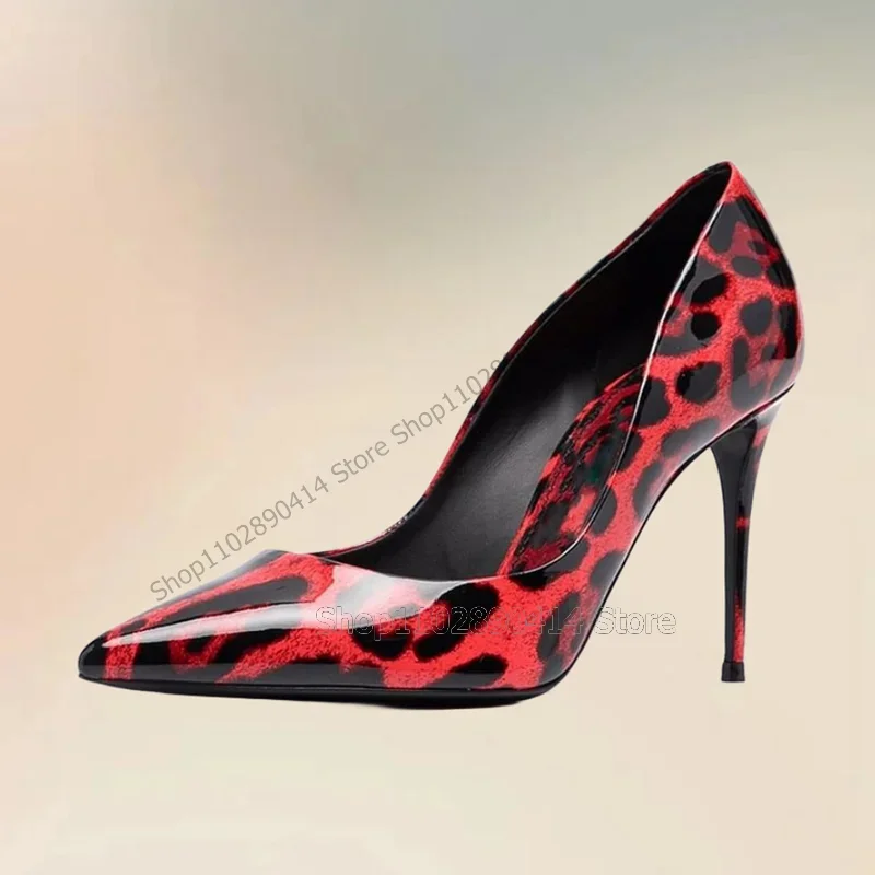 

Red Black Leopard Print Patent Leather Pointed Toe Pumps Slip On Women Shoes Thin High Heels Fashion 2025 Zapatos Para Mujere
