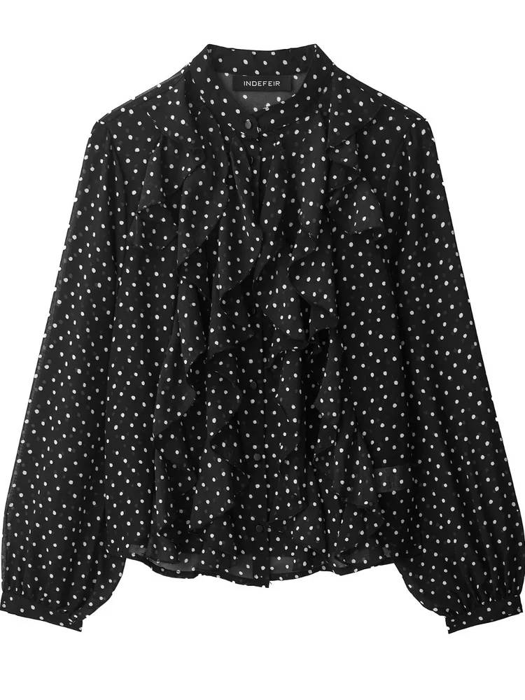 

2025 Summer New Faionable Slim Fit Polka Dot irt Women's Busin Casual Long Sve V Ne Polyester Blend irt