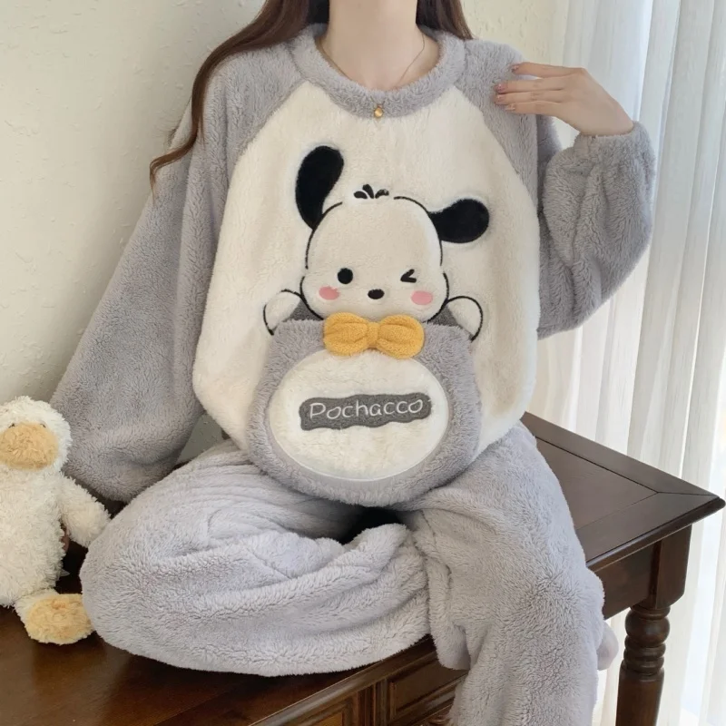 Cute Pochacco Kuromi Anime Character Warm Sleepwear For Women In Winter With Thick Velvet That Can Be Worn Outside