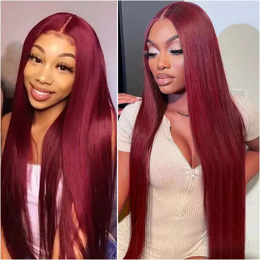 

200% Density 36 Inch Bone Straight 13x6 HD Lace Frontal 100% Human Hair Wigs Burgundy 99J Lace Front Wig Pre Plucked Black Women