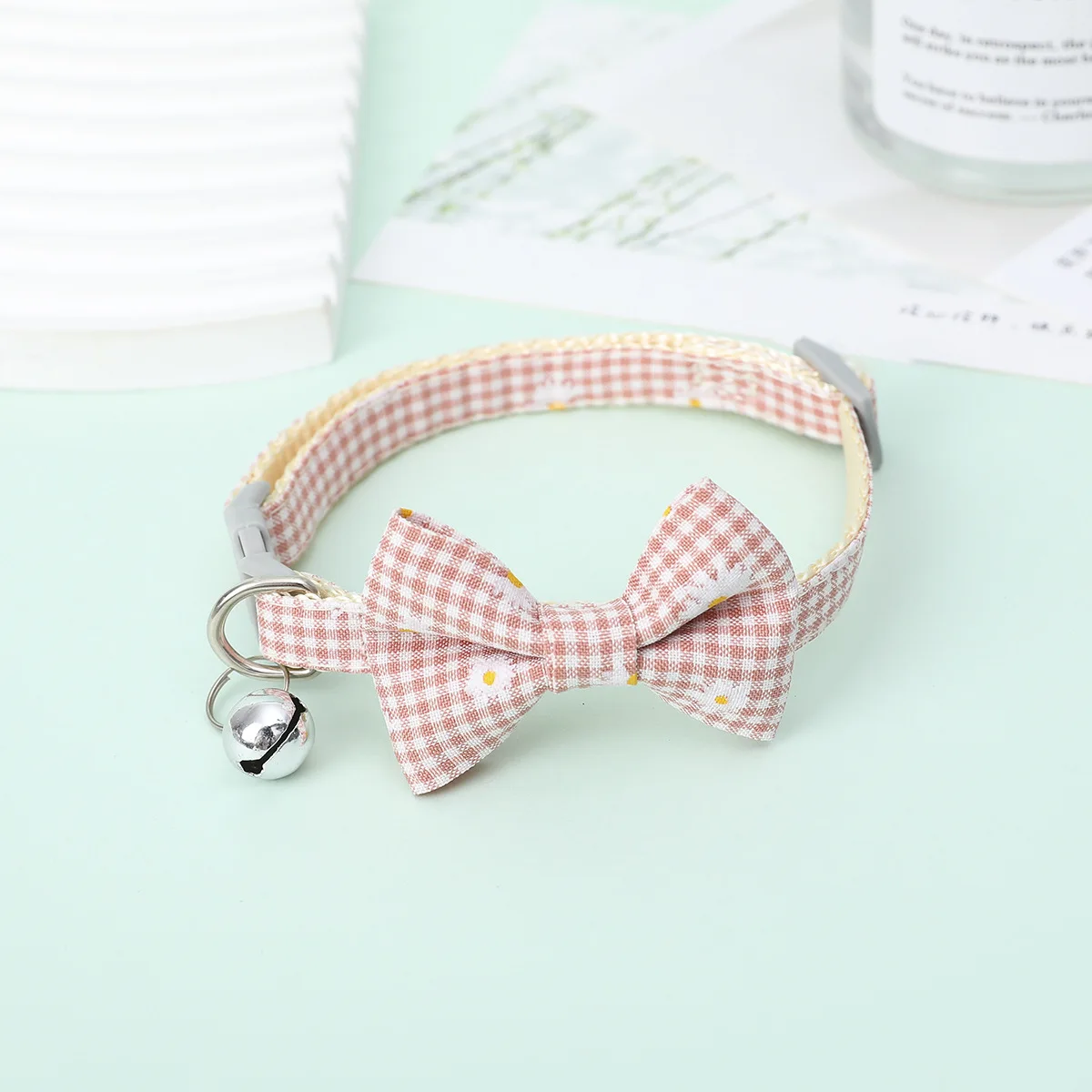 Pet Cat Checkered Daisy Flower Bow Adjustable Bell Collar Bow Tie