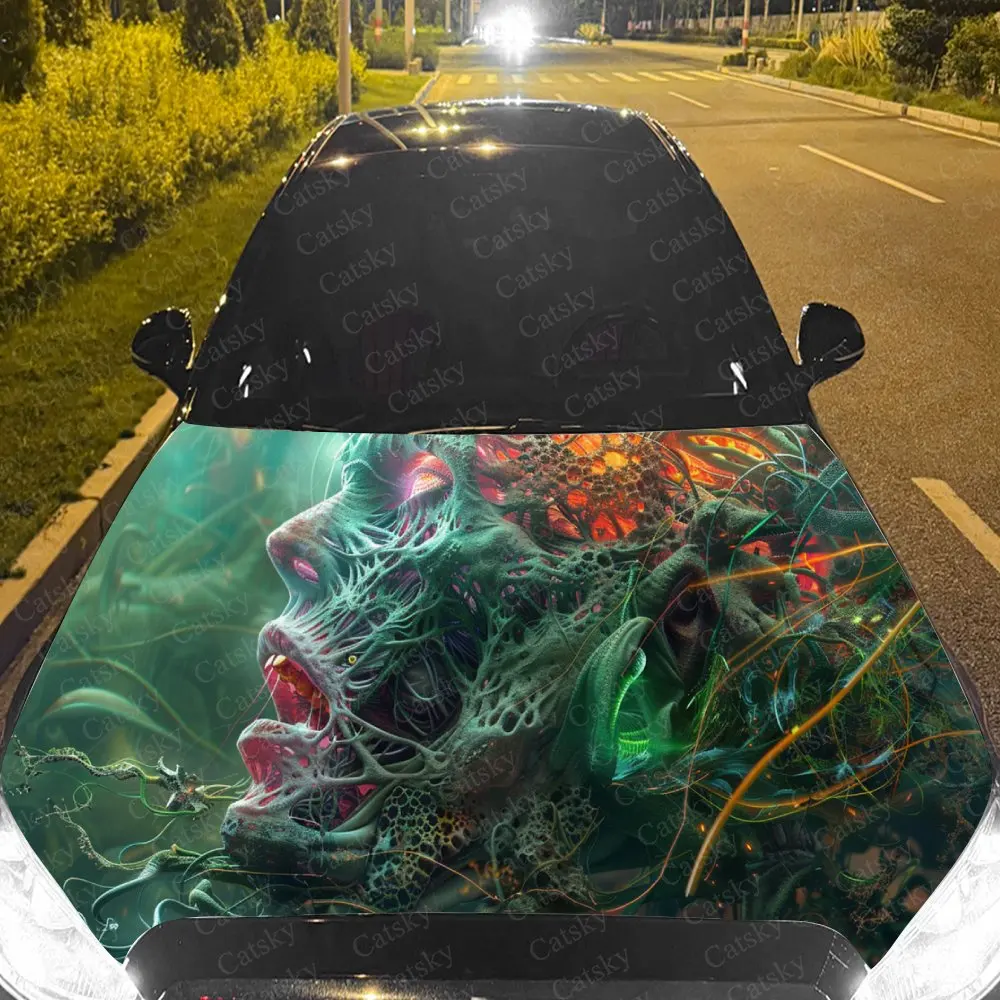 Scared Cyber Abstract Skull Car Cover Decal, Auto Hood Sticker, Waterproof and Self-adhesive Auto Vinyl Wraps, Cool Car Exterior