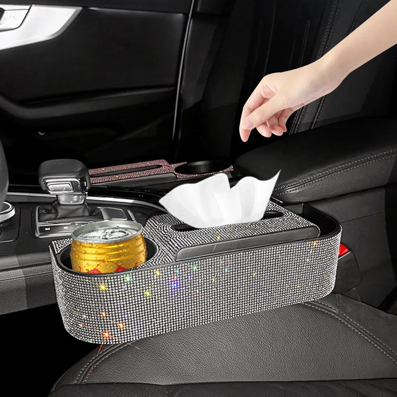 Multifunction Crystal Car Tissue Box 3 In 1 Towel Box Drink Card Holder Car Seat Gap Storage Box Rhinestone Car Accessories