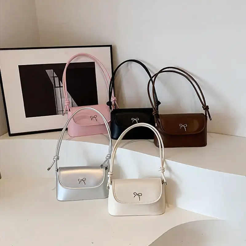

1PCS Y2K Women's Summer Underarm Bag Cute Solid Color PU Leather Small Square Handbag Bow Decor Crossbody Purse