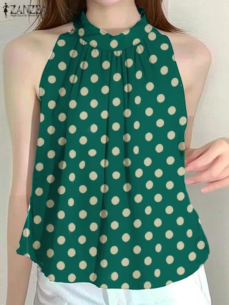 

ZANZEA Bohemian Women Summer Tops Polka Dot Printed Tank Tops 2025 Fashion Sleeveless Holiday Tees Halter Sexy Top Casual Shirts