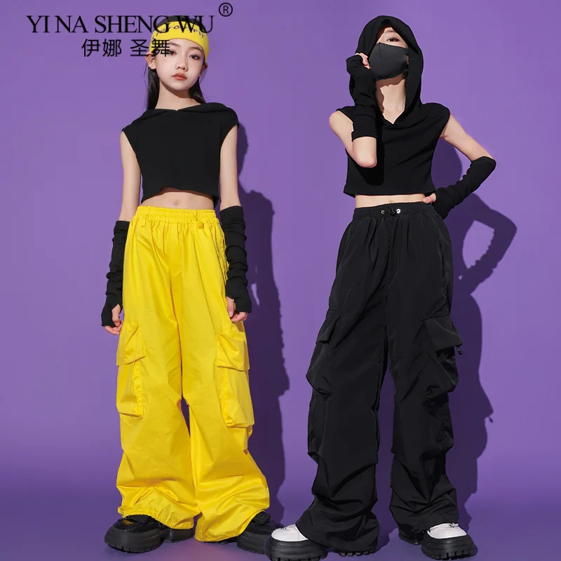 

Hip Hop Girls Clothes 3 Piece Set Hooded Crop Top And Loose Black Pants Jazz Dance Wear Kids Streetwear Performance Outfit Summe