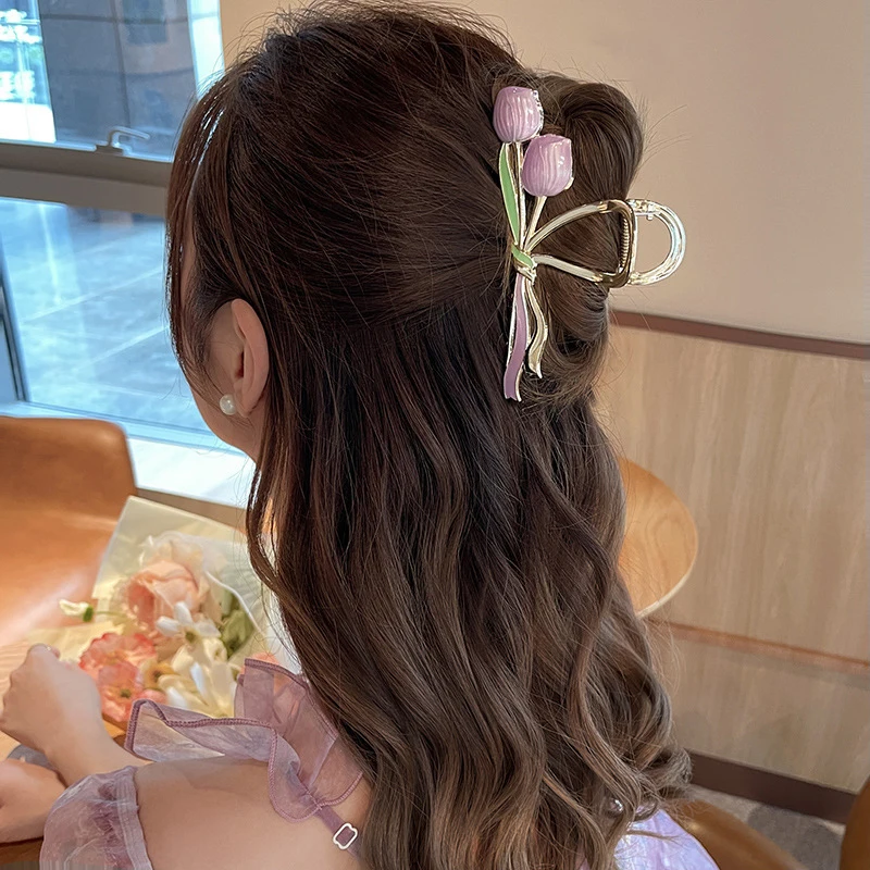 Tulip Flower Hair Clip Back Head Grab Clip For Woman Fashion Ponytail Fixed Hairpins Simple Oversize Shark Clip Hair Accessories