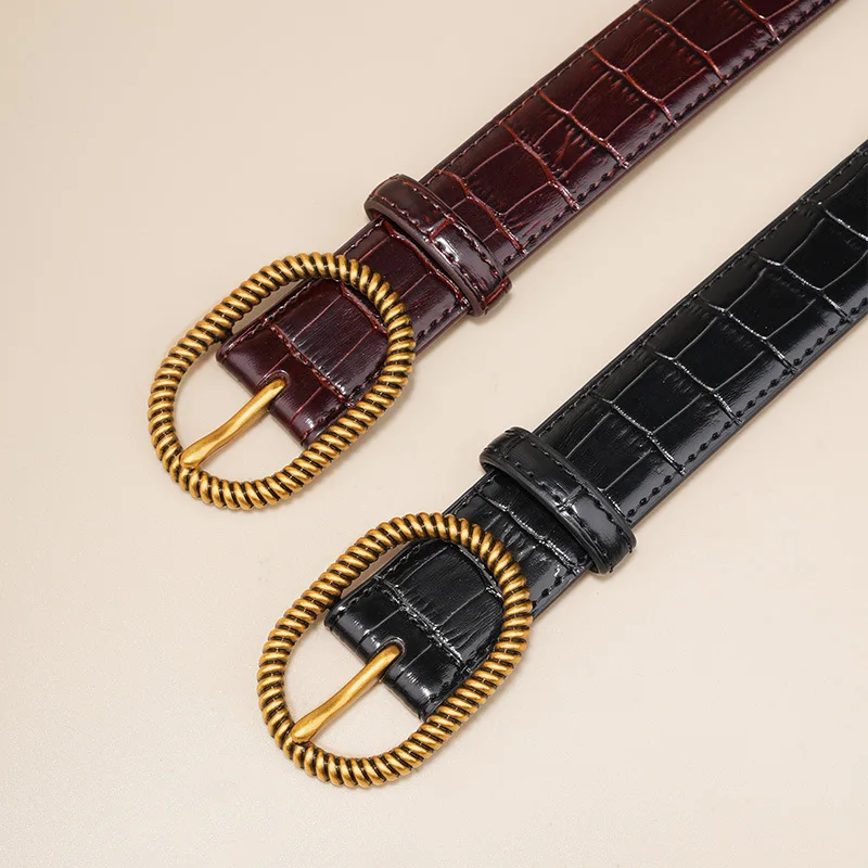 New style women's belt, crocodile pattern cowhide retro pin buckle belt, fashionable and versatile genuine leather belt