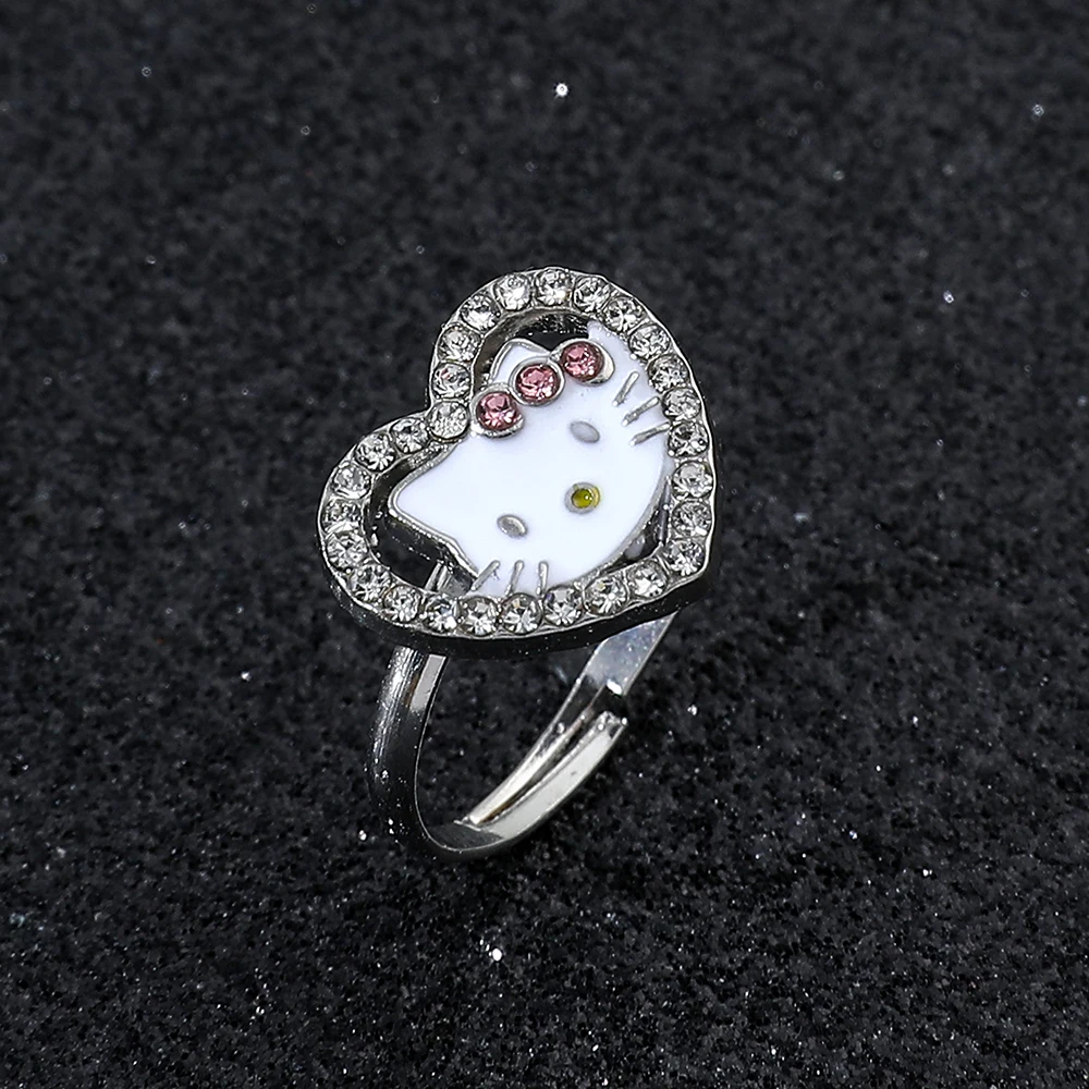 Anillos de Hello Kitty Anime Sanrio con forma de corazón, diamantes de imitación abiertos, ajustables, lindos accesorios de anillo de gato KT, regalos de joyería de moda