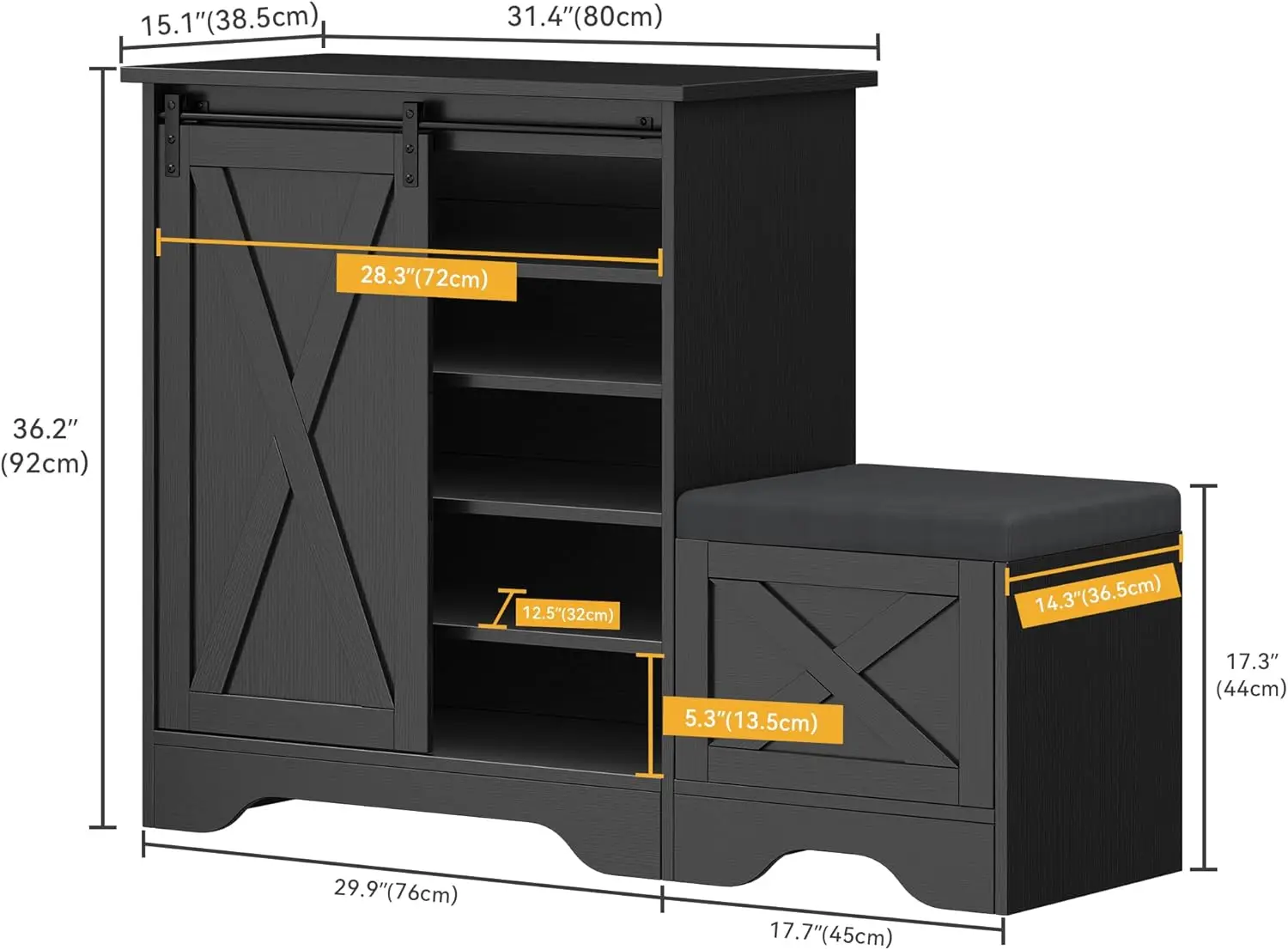 Storage Cabinet with Shoe Bench, 5-Tier Shoe Cabinet with Adjustable Shelves for 20 Pairs, Narrow Slim Shoe Cabinet with Sliding