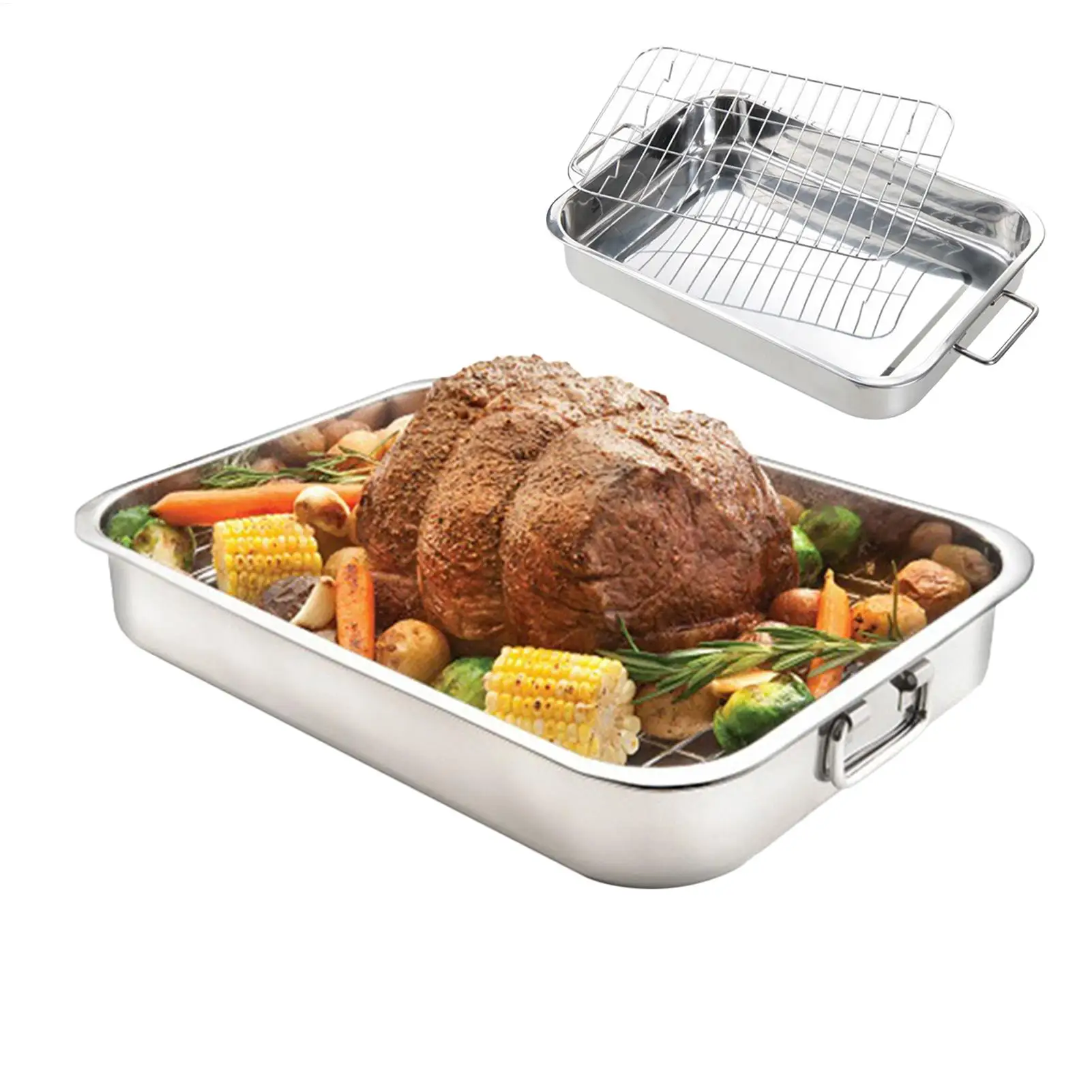 Edelstahl-Bratpfanne mit Grillrost, Ofenbräter für Huhn, Truthahn, Schinken, Rindfleisch, Festtagsmahlzeiten, Partys und Hausmannskost