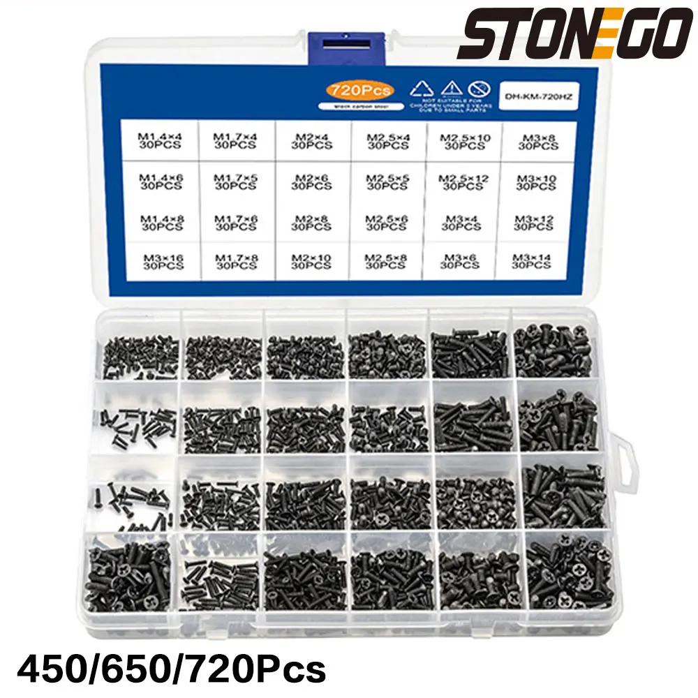 STONEGO 450/650/720pcs Cross Flat Head Screw Set Countersunk Head Machine Tooth Screw Boxed Laptop Screw Screw Set Box