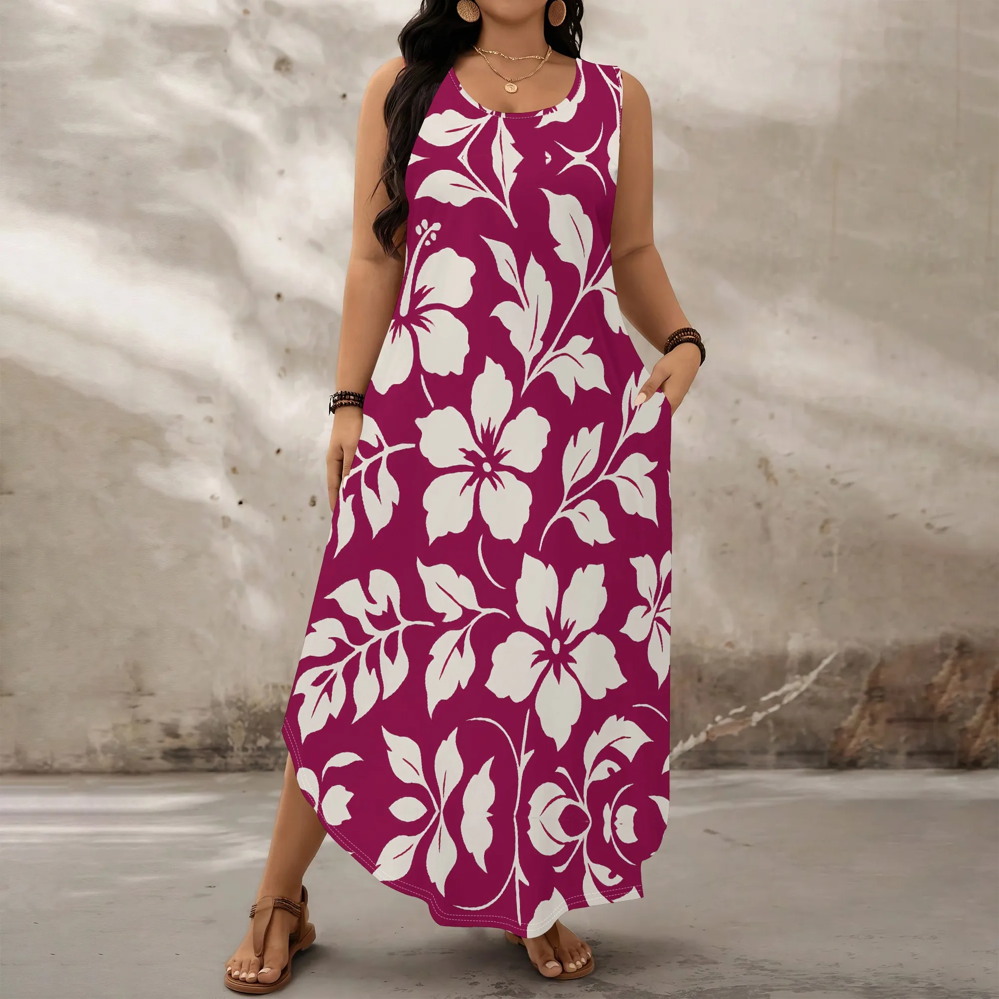 

Plus Size Pink Floral Sleeveless Maxi Dress XL-6XL Summer Beach Look for Vacation, Picnic or Casual Outing