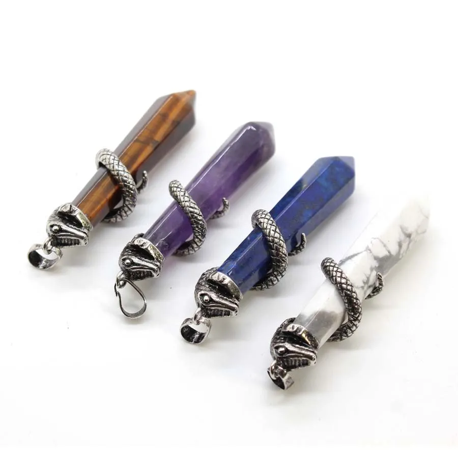 Snake Wrapped Crystal Hexagon Column Stone Pendulum Pendants For Dowsing Divination Natural Amethyst Quartz Opal Pendant Jewelry