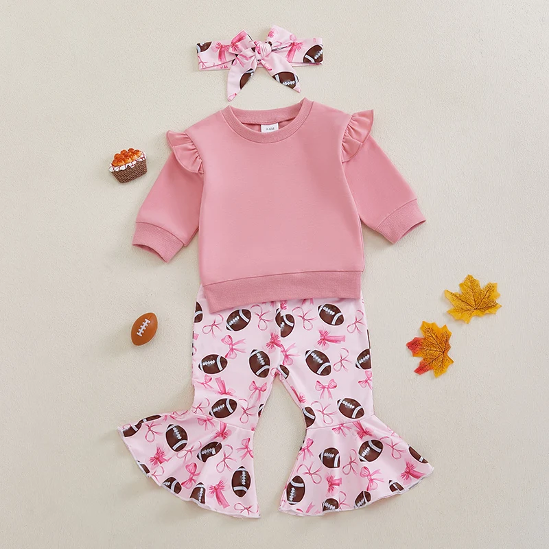 Adorable Infant Girl Autumn Ensemble Cute Bow Sweatshirt Football Print Flare Pants and Matching Headband Set