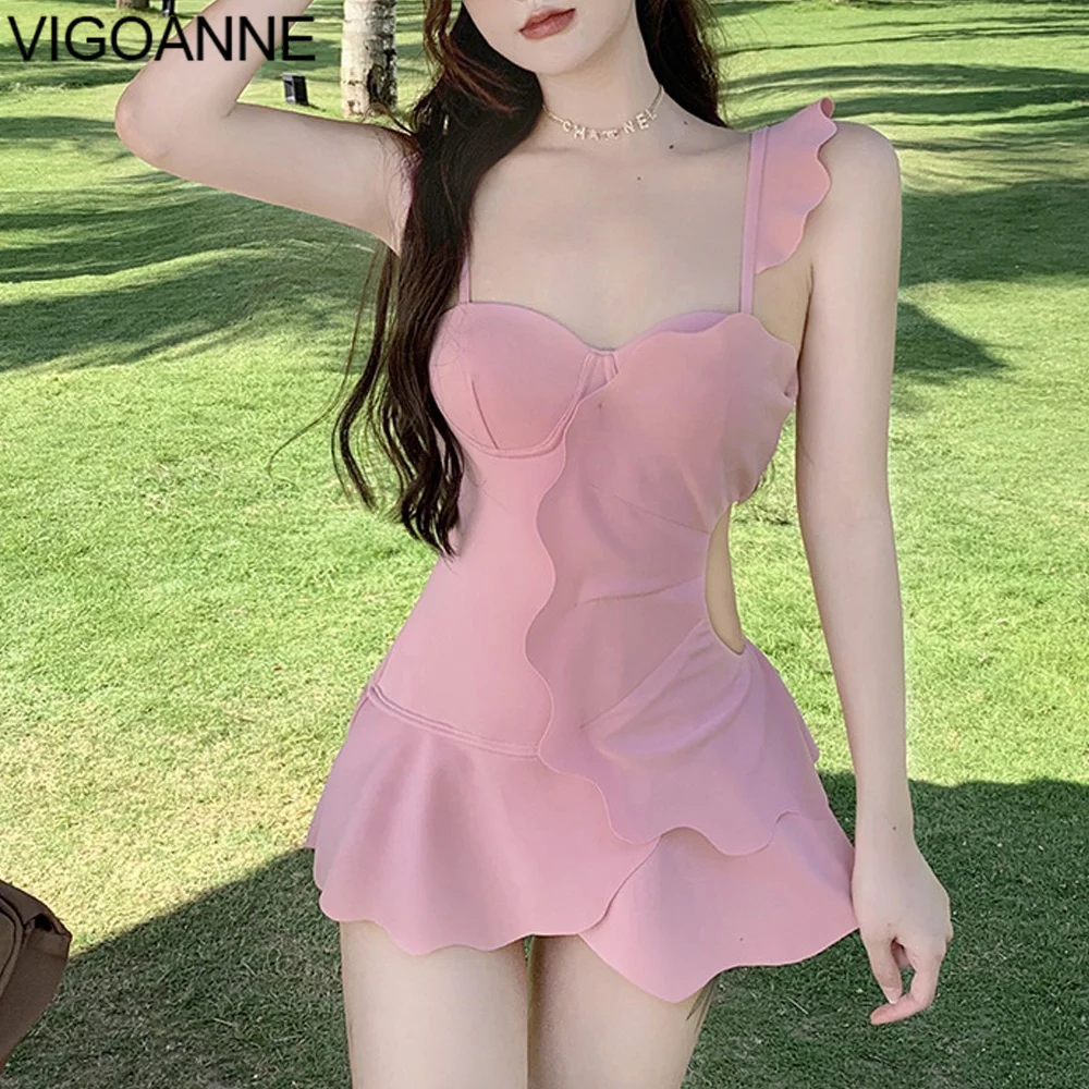 VigoAnne Pink Verge Dress Swimwear Women 2025 Strapped Hollow Push Up One Piece Swimsuit Korean Monokini Backless Bathing Suit