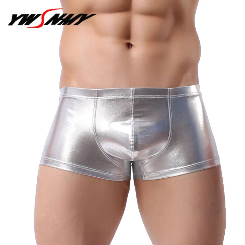 Sexy Men Boxers Male Panties Faux Leather Underwear Men U Convex Underpants Fashion Gold Silver Nightclub Stage Show Boxershorts