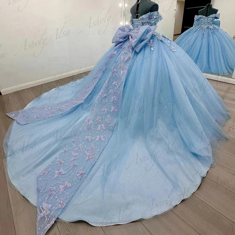 Gorgeous Luxury Sky Blue Sweet 15 Girl Birthday Party Dresses Cap Sleeve 3D Flower Butterfly Women Prom Dance Dress Quinceanera