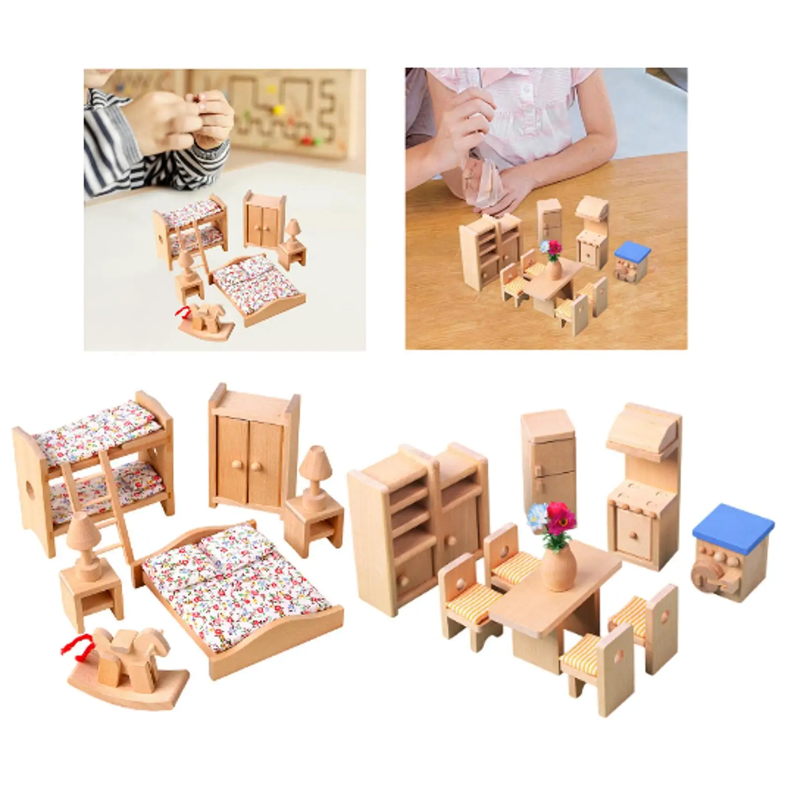 Juego de muebles de madera para casa de muñecas, accesorios para juegos de rol, escenas de bricolaje para niños de 3 años en adelante