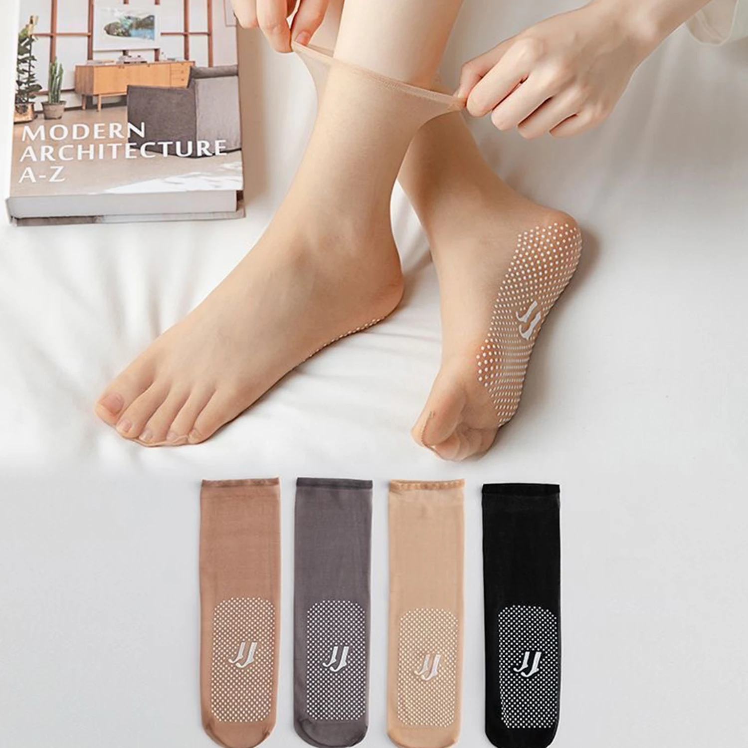 1 pair of short socks summer glued non slip silk socks thin and transparent mid tube women's socks yoga socks sports